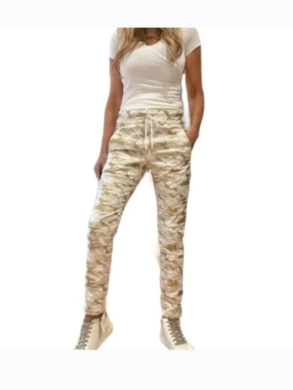 NWOT BEVY FLOG Shely Gold/White Camo Joggers Drawstring Size 27